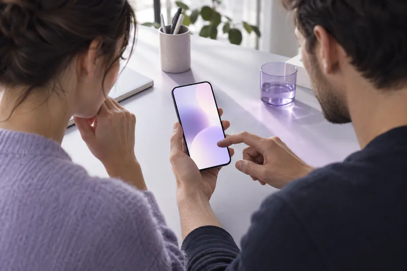 Deux professionnels testent ensemble un parcours sur un appareil mobile sans contenu lisible.