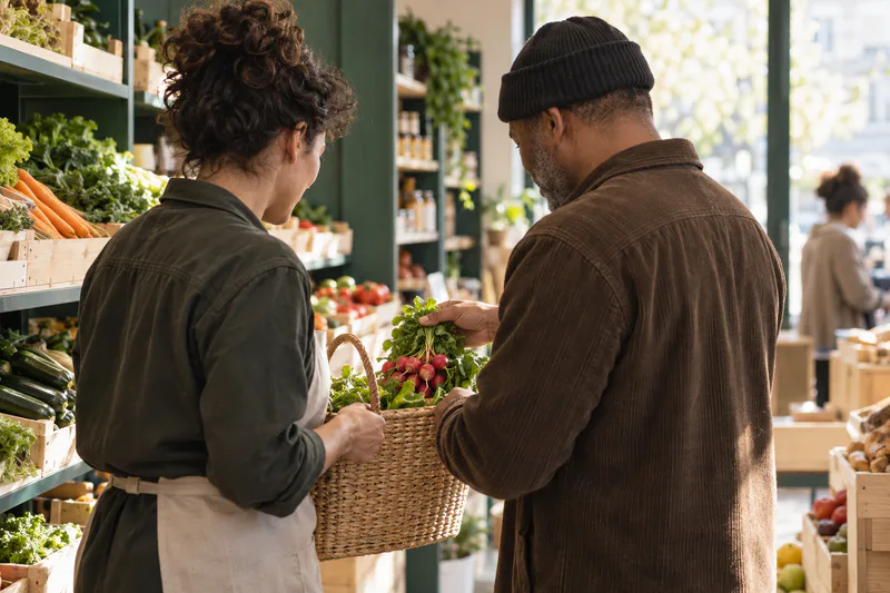 Deux personnes composent ensemble un panier dans une épicerie de quartier.